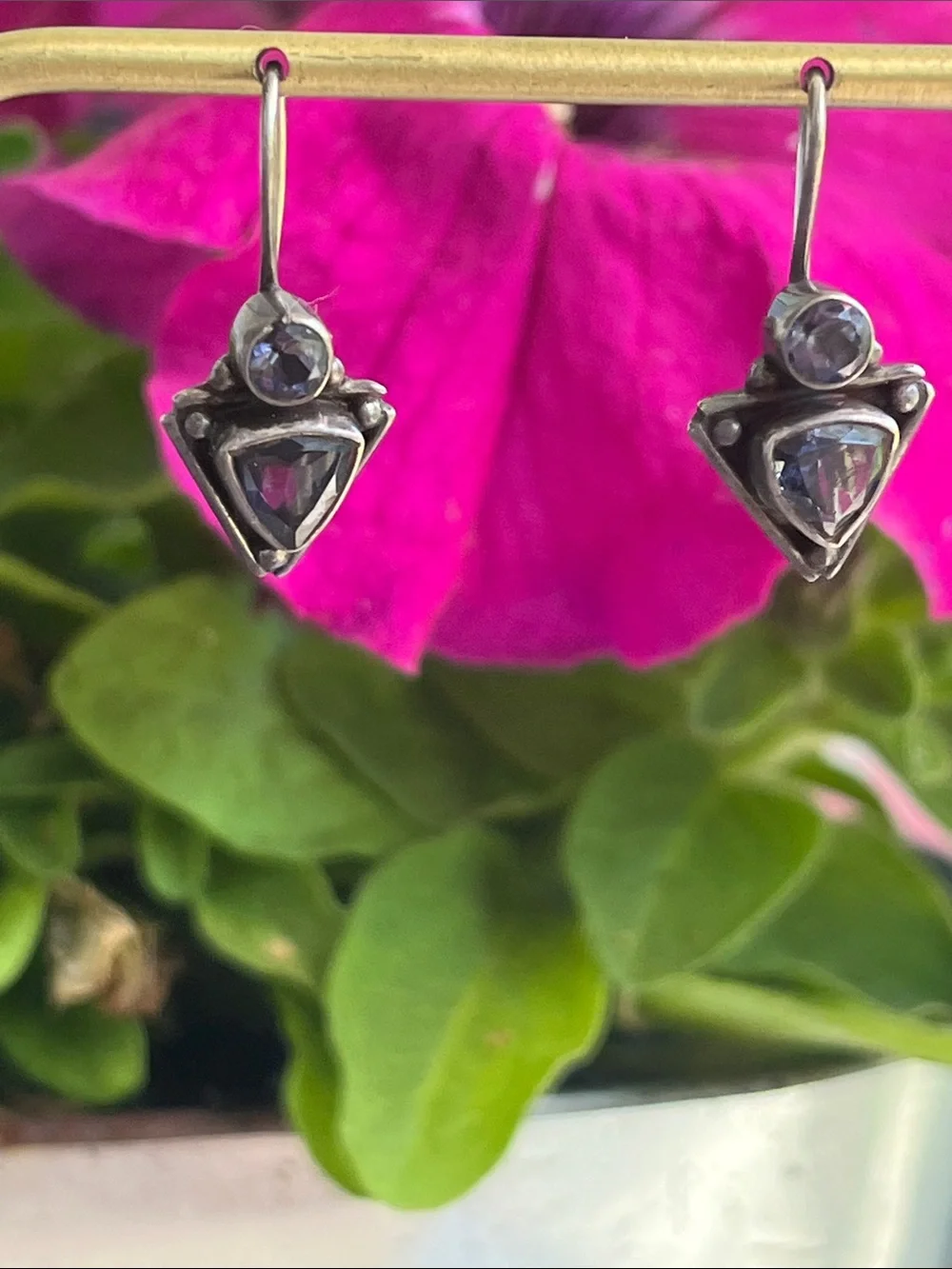 Sterling Silver Iolite & Amethyst Triangular Drop Earrings Vintage
